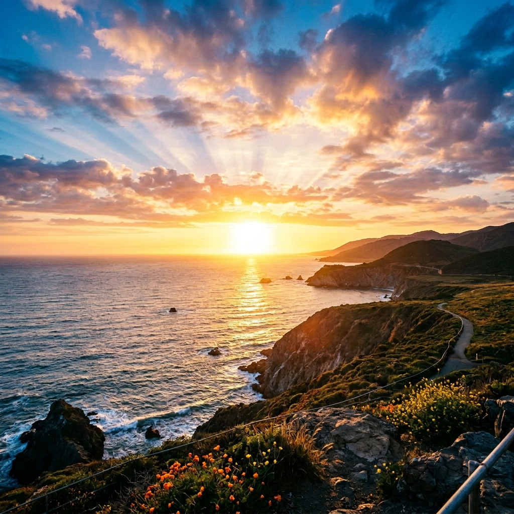 Person standing on a cliff with arms outstretched watching the sunset over the ocean